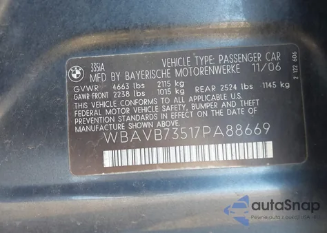 2007 BMW 335I из США, поврежденный, VIN WBAVB73517PA88669